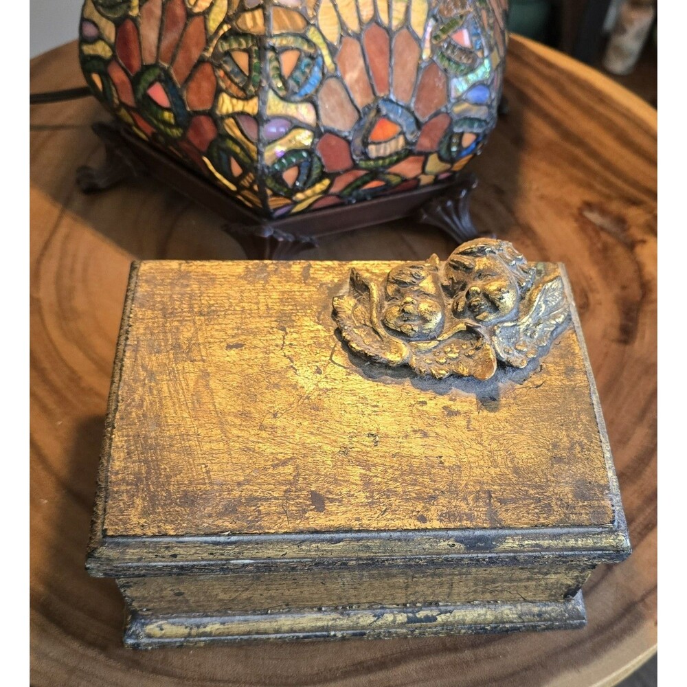 Vintage Wood Trinket Box Angels Cherubs Antique Gold Color Wooden